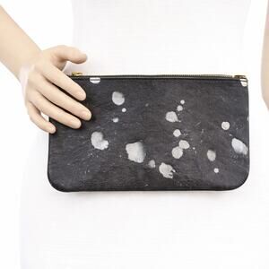 Satchel Savannah Leather Clutch Charcoal Silver Splatter NWOT